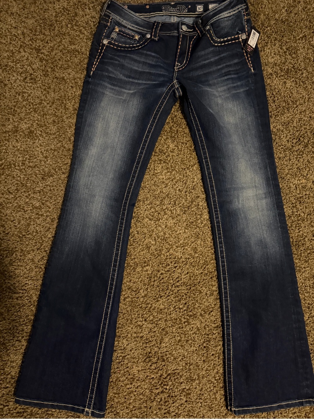 Miss Me Dark Wash Flare Jeans with Contrast Stitching